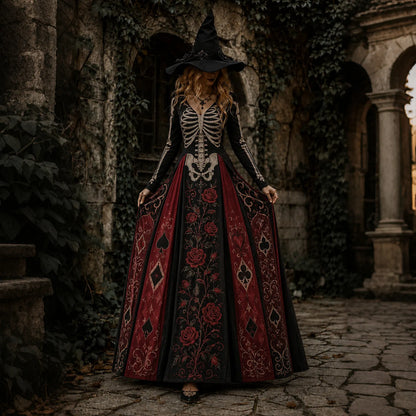 Women's Halloween Gothic Skeleton & Floral V-neck Maxi Dress