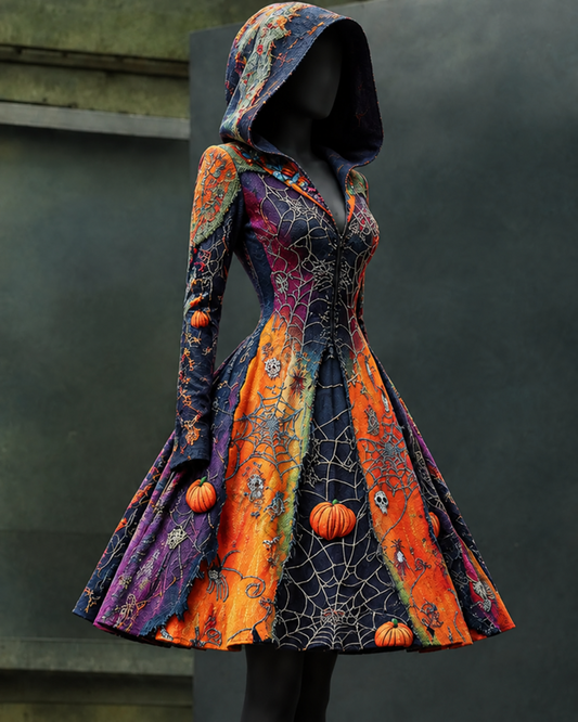Women's Halloween-Themed Pumpkin-Printed Cropped Hooded Dress4659