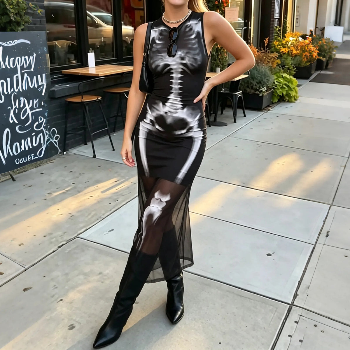 Women's Gothic Skeleton Print Sheer Mesh Bodycon Maxi Dress