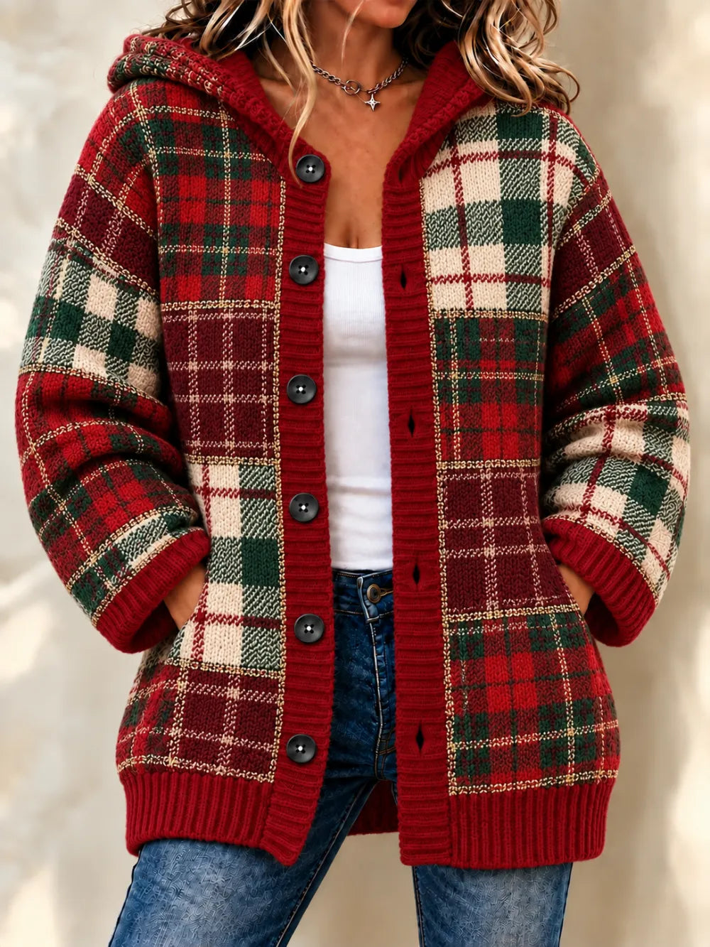 Women'S Grid Casual Hooded Long Cardigan