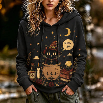 Women's Black Meowgic Witch Cat Cauldron Magic Pot Print Long Sleeve Hoodie