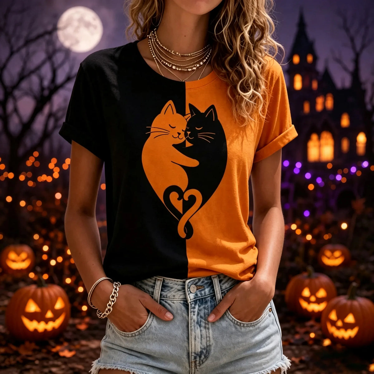 Women's Retro Halloween Cute Cat Print T-shirt