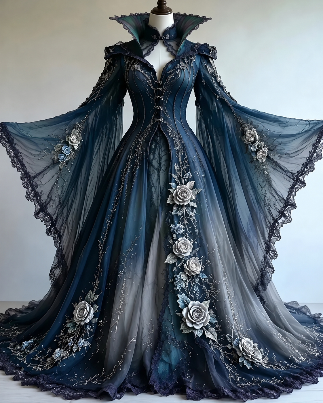 Vintage floral embroidery gradient irregular role-playing cape-style batwing sleeve stand-up collar dress  4019