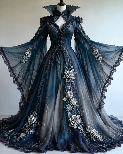Vintage floral embroidery gradient irregular role-playing cape-style batwing sleeve stand-up collar dress  4019