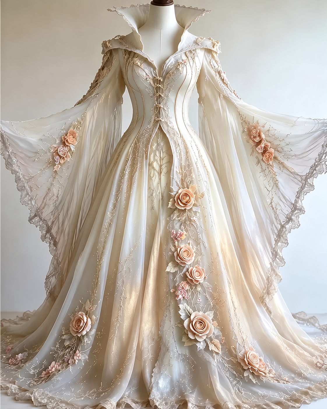 Vintage floral embroidery gradient irregular role-playing cape-style batwing sleeve stand-up collar dress  4019