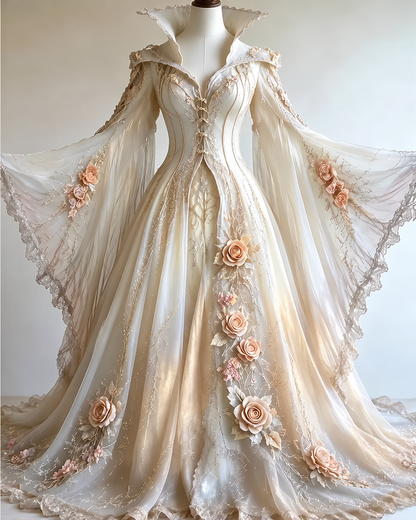 Vintage floral embroidery gradient irregular role-playing cape-style batwing sleeve stand-up collar dress  4019