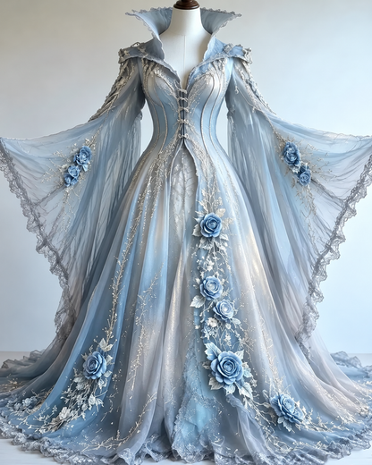 Vintage floral embroidery gradient irregular role-playing cape-style batwing sleeve stand-up collar dress  4019