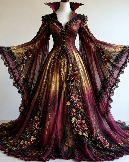 Vintage floral embroidery gradient irregular role-playing cape-style batwing sleeve stand-up collar dress  4019