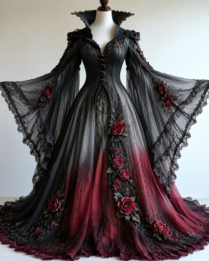 Vintage floral embroidery gradient irregular role-playing cape-style batwing sleeve stand-up collar dress  4019