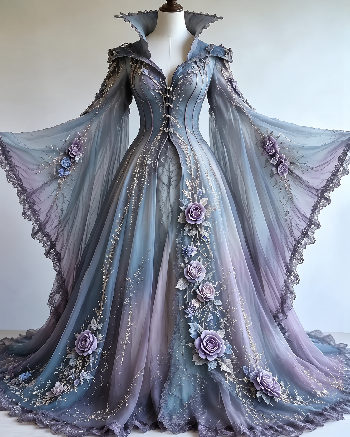 Vintage floral embroidery gradient irregular role-playing cape-style batwing sleeve stand-up collar dress  4019
