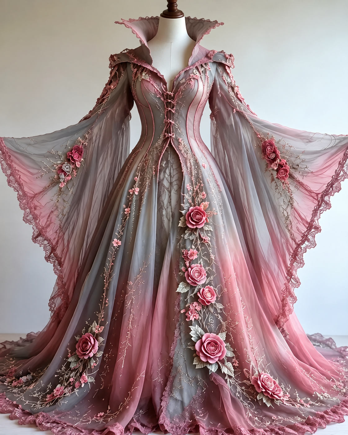 Vintage floral embroidery gradient irregular role-playing cape-style batwing sleeve stand-up collar dress  4019