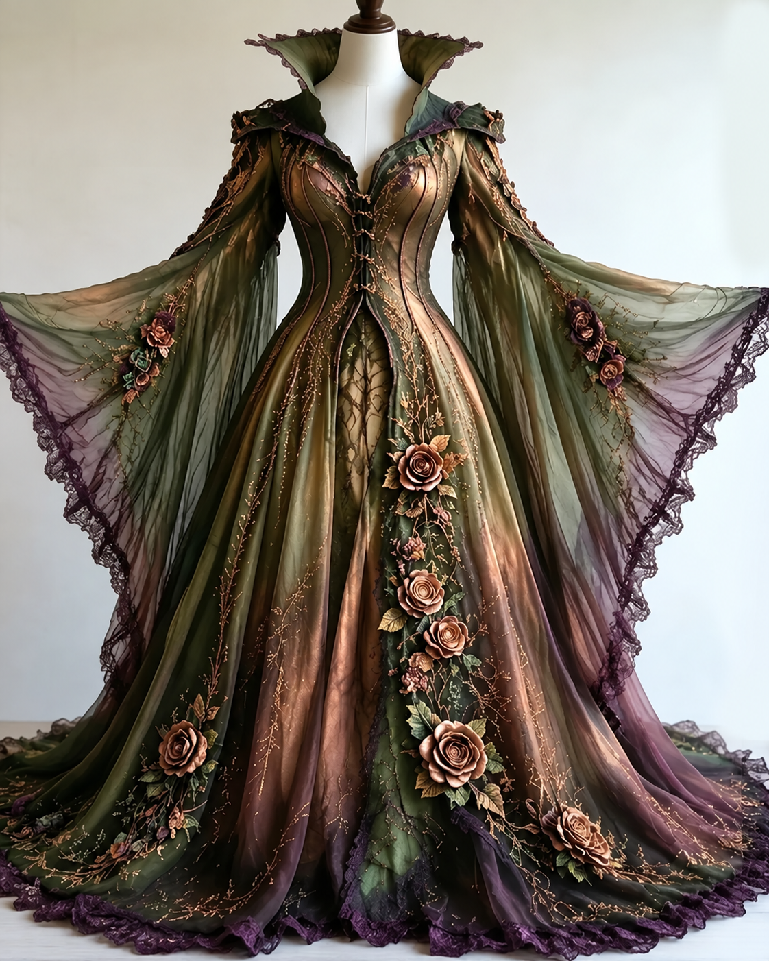 Vintage floral embroidery gradient irregular role-playing cape-style batwing sleeve stand-up collar dress  4019