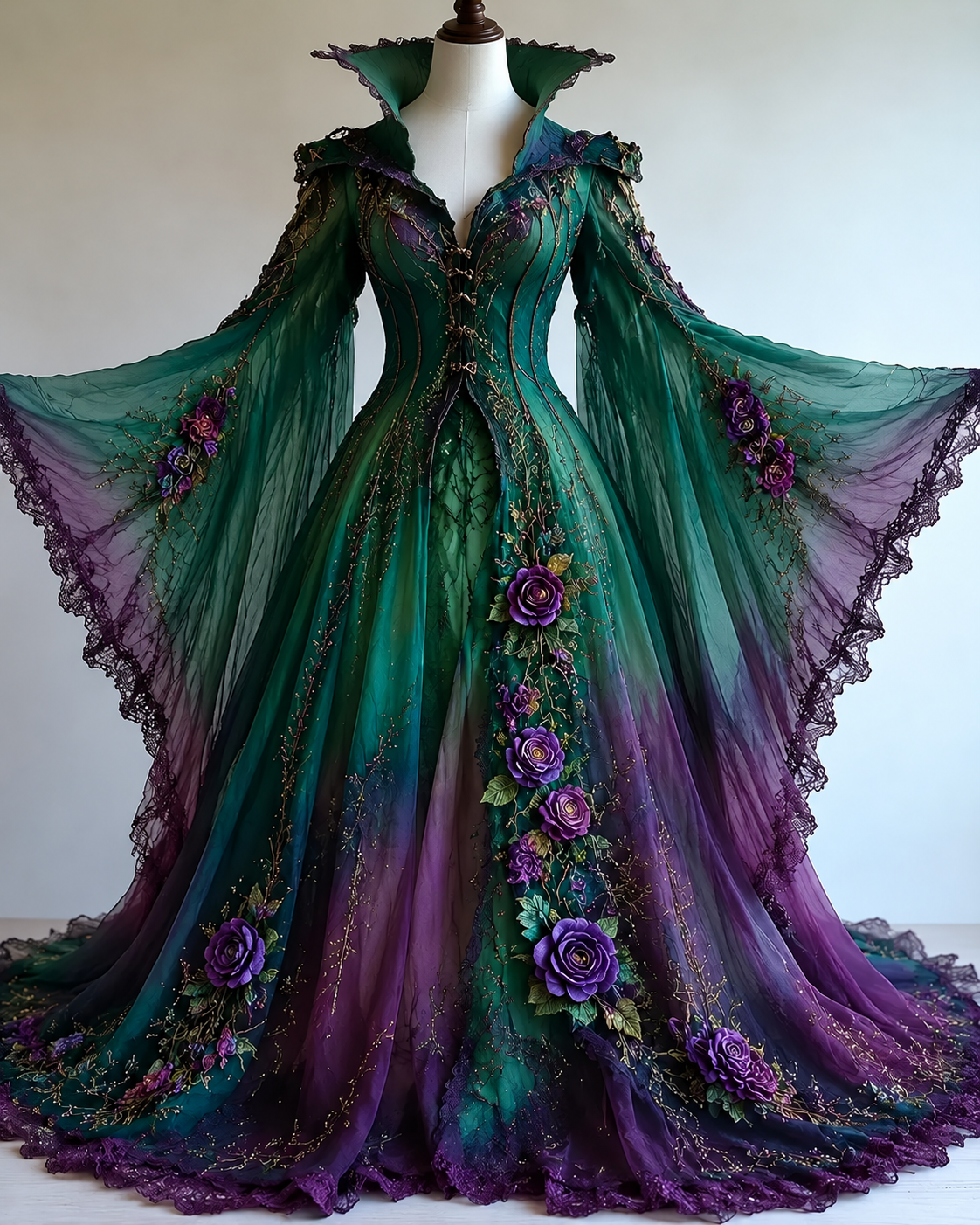 Vintage floral embroidery gradient irregular role-playing cape-style batwing sleeve stand-up collar dress  4019
