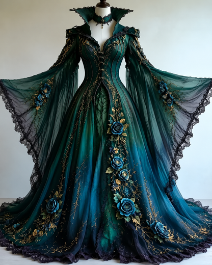 Vintage floral embroidery gradient irregular role-playing cape-style batwing sleeve stand-up collar dress  4019