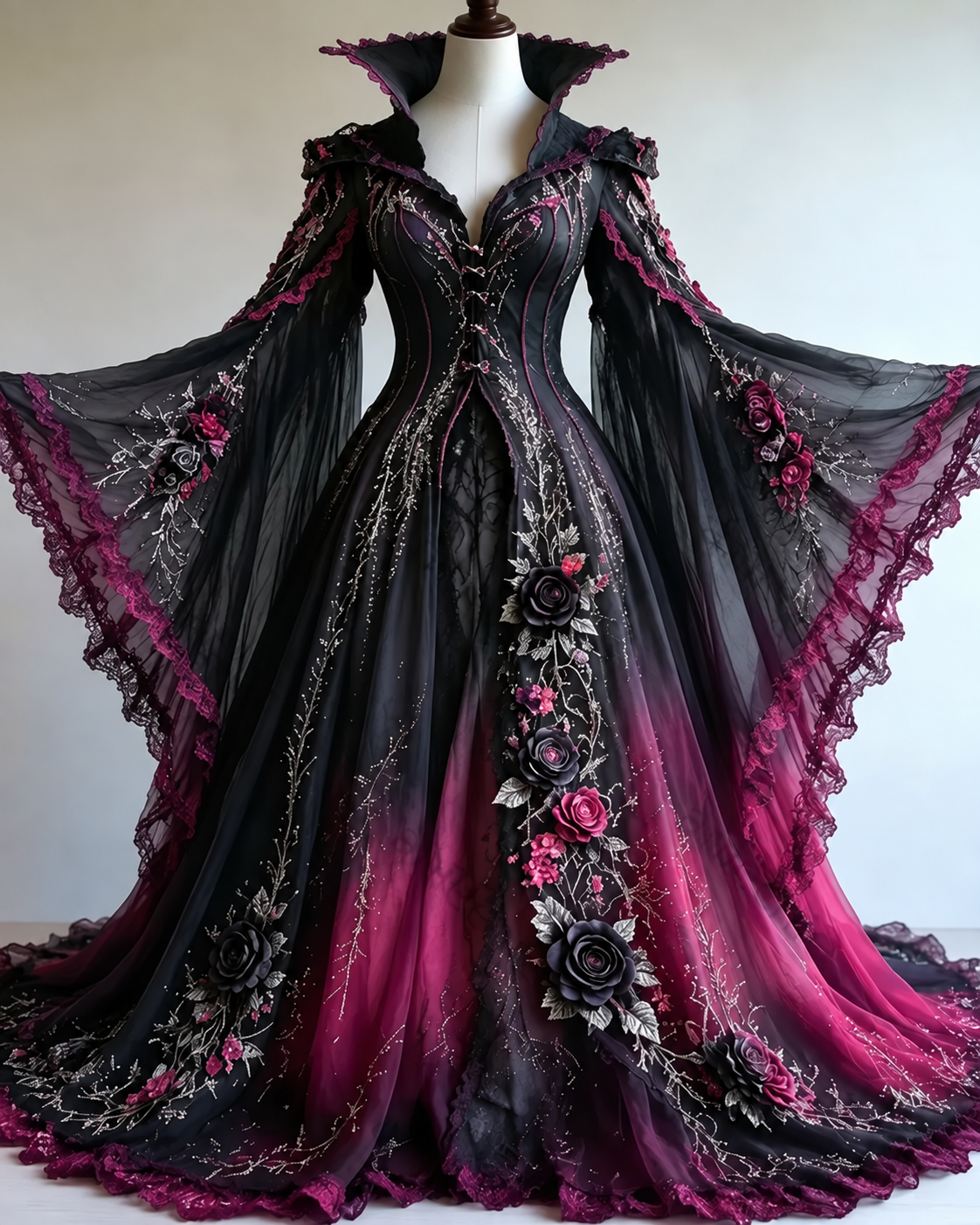 Vintage floral embroidery gradient irregular role-playing cape-style batwing sleeve stand-up collar dress  4019