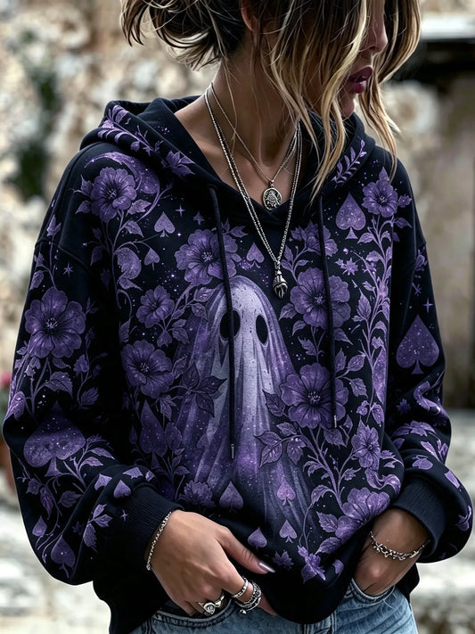 Women's Bohemian Halloween Ghost And Floral Print Hoodie