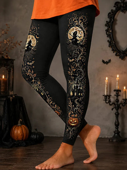 Women's Halloween Retro Casual Witch Pumpkin Castle Print Pants