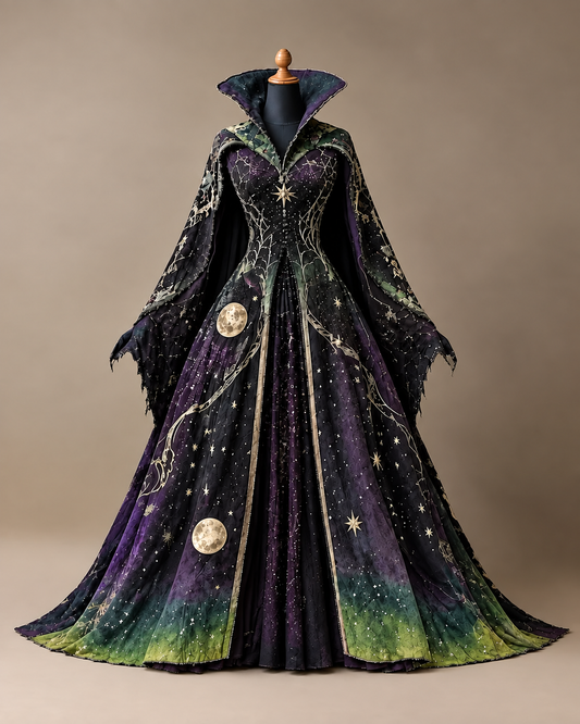 Women's Halloween-Themed Star-and-Moon Print Stand-Collar Cape-Style Dress5118