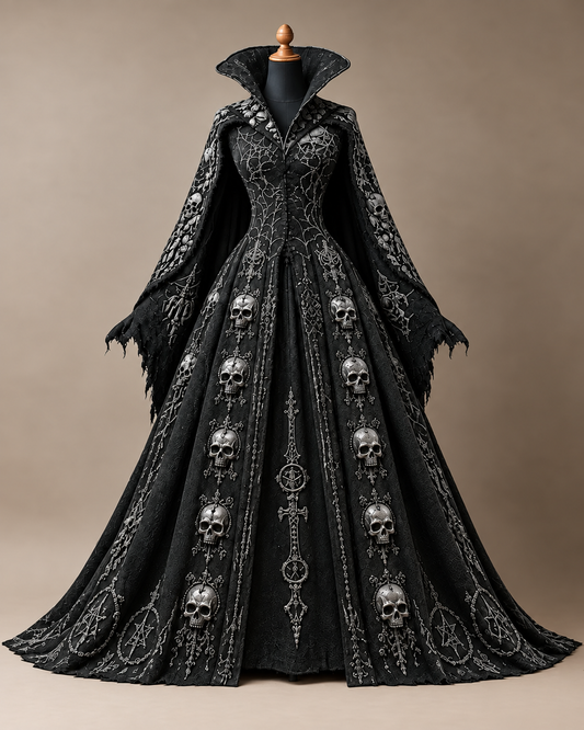 Women's Halloween-Themed Skull Print Stand-Collar Cape-Style Dress4558