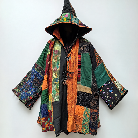 Ethnic print hooded disk-button robe 4674