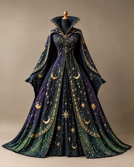 Women's Halloween-Themed Star-and-Moon Print Stand-Collar Cape-Style Dress3961