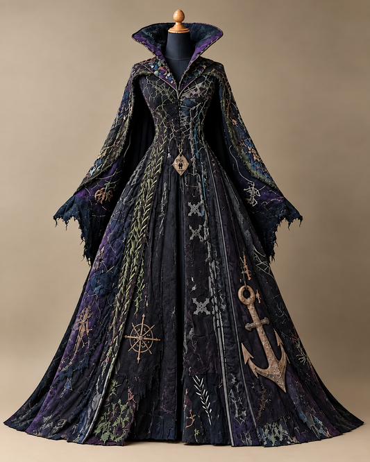 Women's Halloween-Themed Pirate Printed Stand-Collar Cape-Style Dress5763