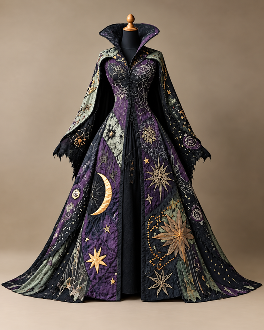 Women's Halloween-Themed Star-and-Moon Print Stand-Collar Cape-Style Dress8587