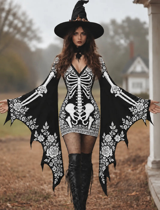 Women's Gothic Skeleton With White Roses Batwing Flare Sleeve Lace‑up Bodycon Dress – Halloween Costume