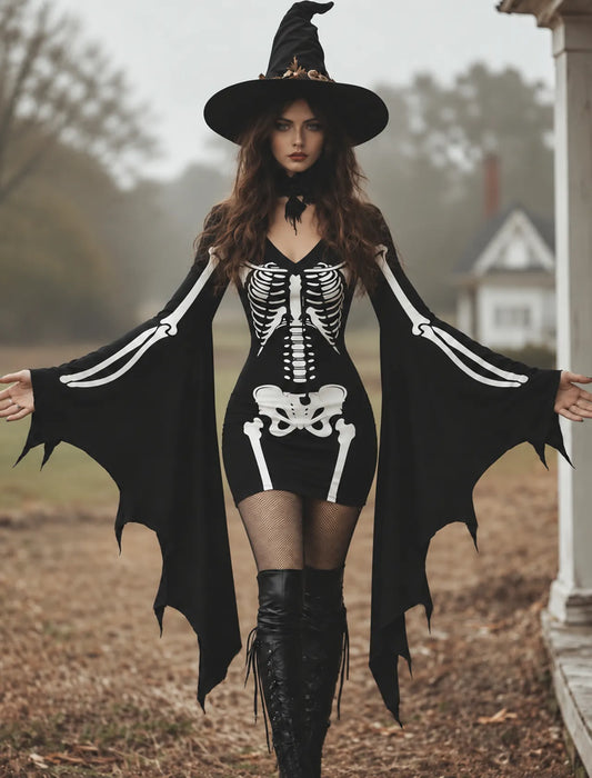 Women's Gothic Skeleton Batwing Flare Sleeve Lace‑up Bodycon Dress – Halloween Costume