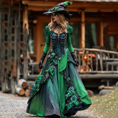 Vintage Witch Skull Rib Cage Rose Pattern Maxi Dress