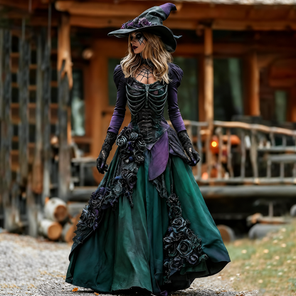 Vintage Witch Skull Rib Cage Rose Pattern Maxi Dress
