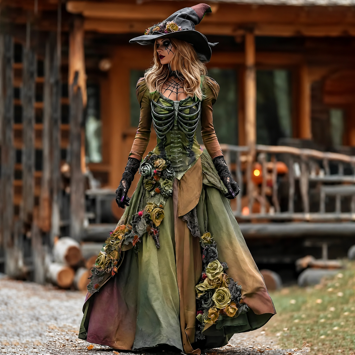 Vintage Witch Skull Rib Cage Rose Pattern Maxi Dress
