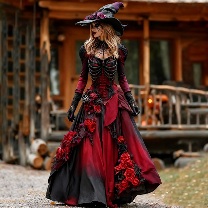 Vintage Witch Skull Rib Cage Rose Pattern Maxi Dress