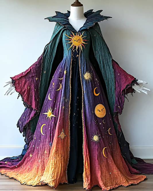 Star and Moon Theme Embroidered Gradient Linen Cape Dress 5b2f