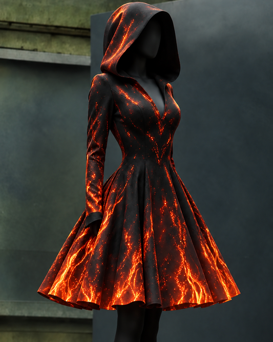 Women's Halloween-Themed Flame-Printed Cropped Hooded Dress5064