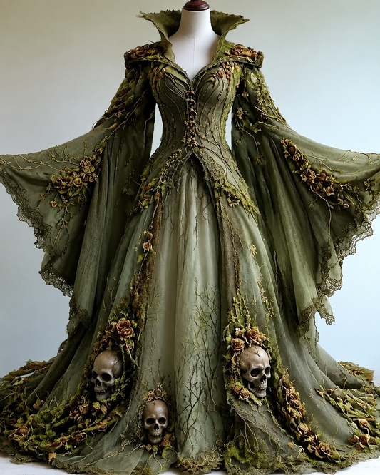 Women's Halloween-themed Gothic skull embroidered gradient irregular cape-style batwing sleeve stand collar dress7374