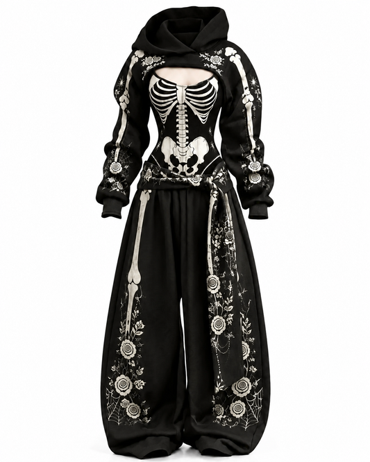 Women’s Halloween-Themed Skull Print Fitted Hooded Jumpsuit and Pants Two-Piece Set 1740