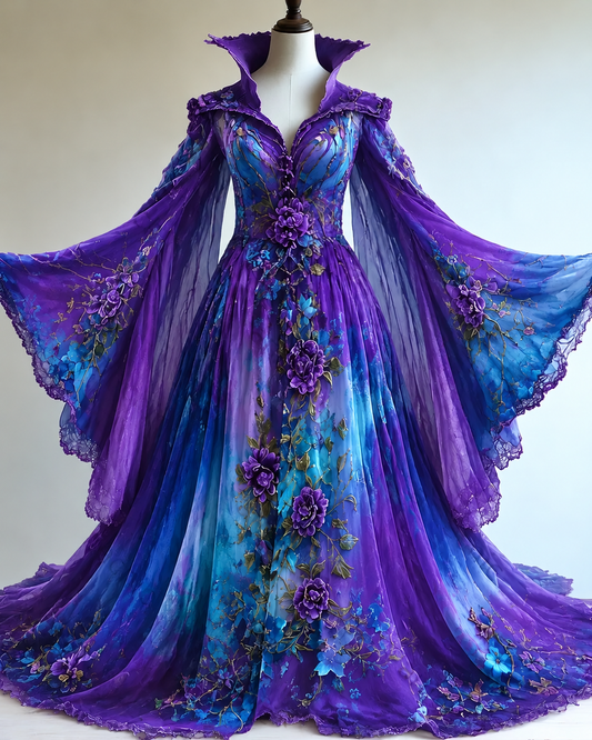 Vintage floral embroidery gradient irregular role-playing cape-style batwing sleeve three-dimensional dress 2568