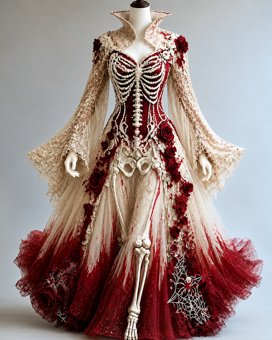 Women's Halloween-themed embroidered human skeleton irregular cape-style batwing sleeve stand collar dress7413