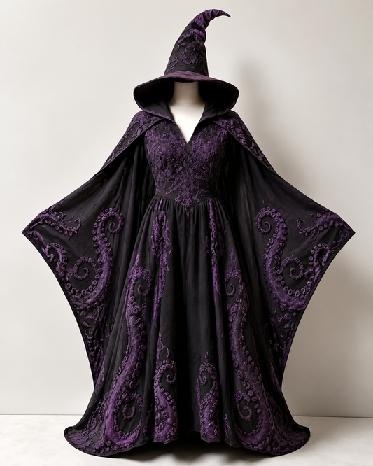 Women's Halloween-Themed Gothic Octopus Embroidered Hooded Witch Dress 1613
