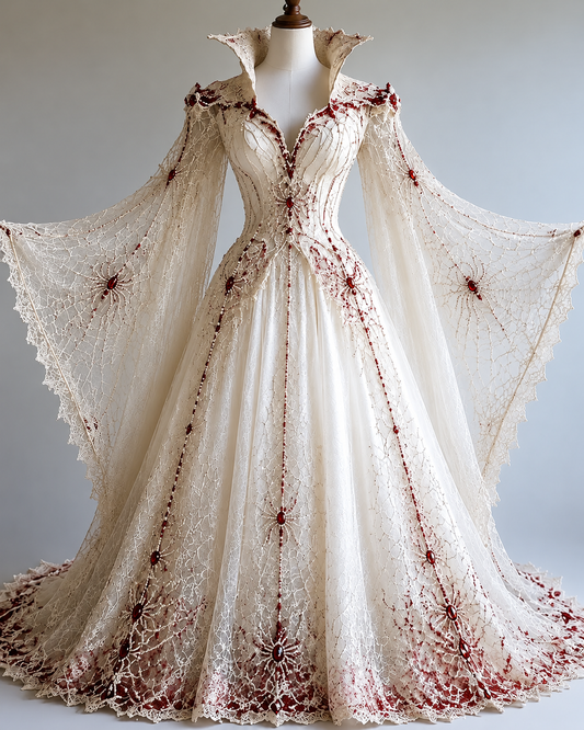 Women's Halloween-themed Spiderweb Embroidery Gradient Irregular Role-Playing Cape-Style Batwing Sleeve Stand Collar Dress  7489