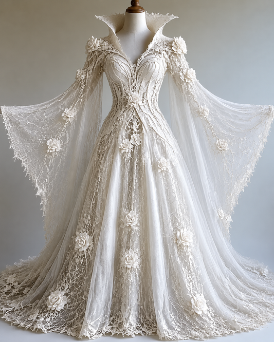Women's Halloween-themed Spiderweb Embroidery Gradient Irregular Role-Playing Cape-Style Batwing Sleeve Stand Collar Dress  4907