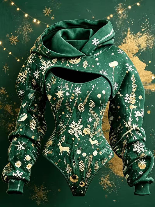 Women's Christmas Snowflake Deer Hoodie Two-Piece Set