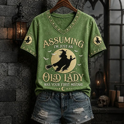 Assuming I'm Just An Old Lady Women's Halloween Print Pattern Casual V-neck T-shirt