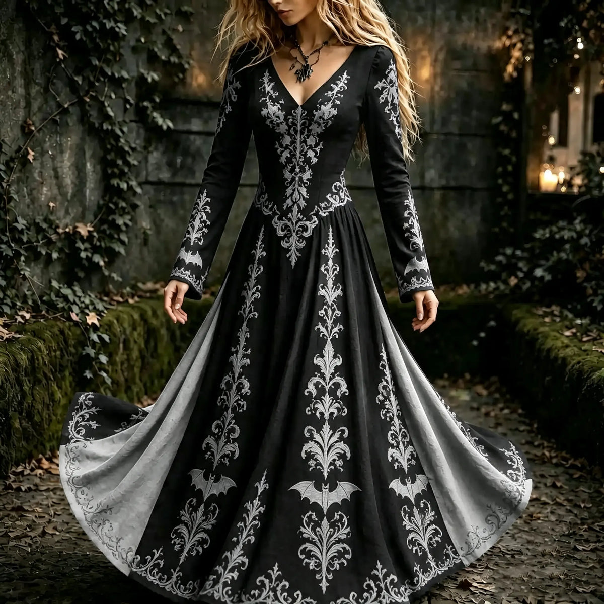 Women's Halloween Gothic Floral Bat Pattern Print V-neck Maxi Dress
