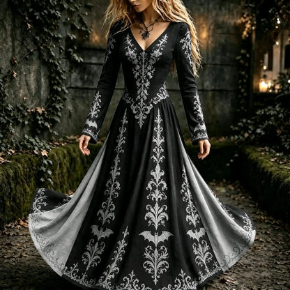 Women's Halloween Gothic Floral Bat Pattern Print V-neck Maxi Dress