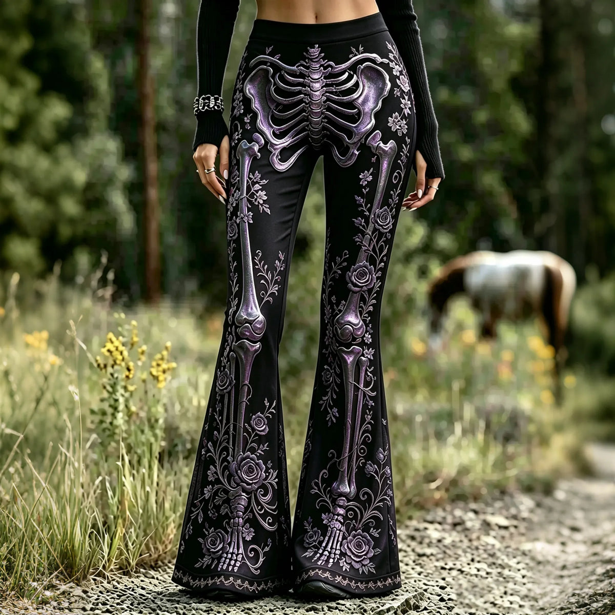 Women’s Goth Skeleton Floral Print Flare Pants