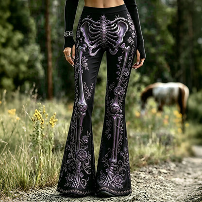 Women’s Goth Skeleton Floral Print Flare Pants