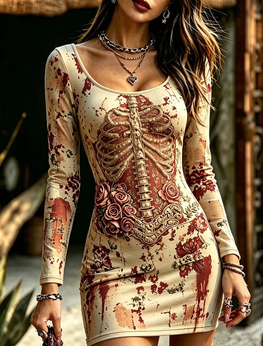 Women's Gothic Skeleton Rose Blood‑splatter Bodycon Mini Dress