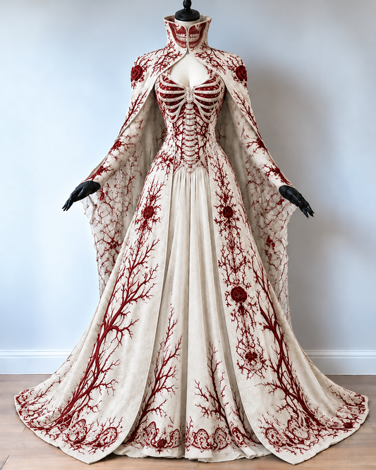 Women's Halloween-Themed Embroidered High-Neck Cape Dress (with Masks)3600